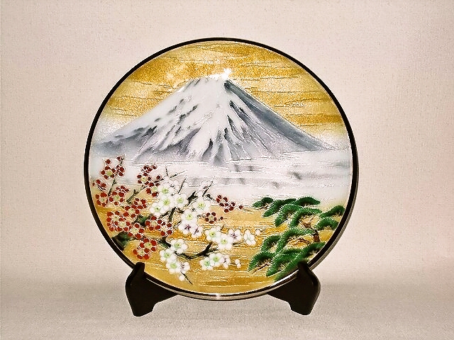 七宝焼き　丸赤富士桜　飾皿　富士山飾り皿